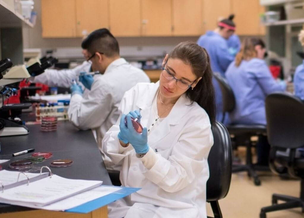 A student examines laboratory supplies in a classroom